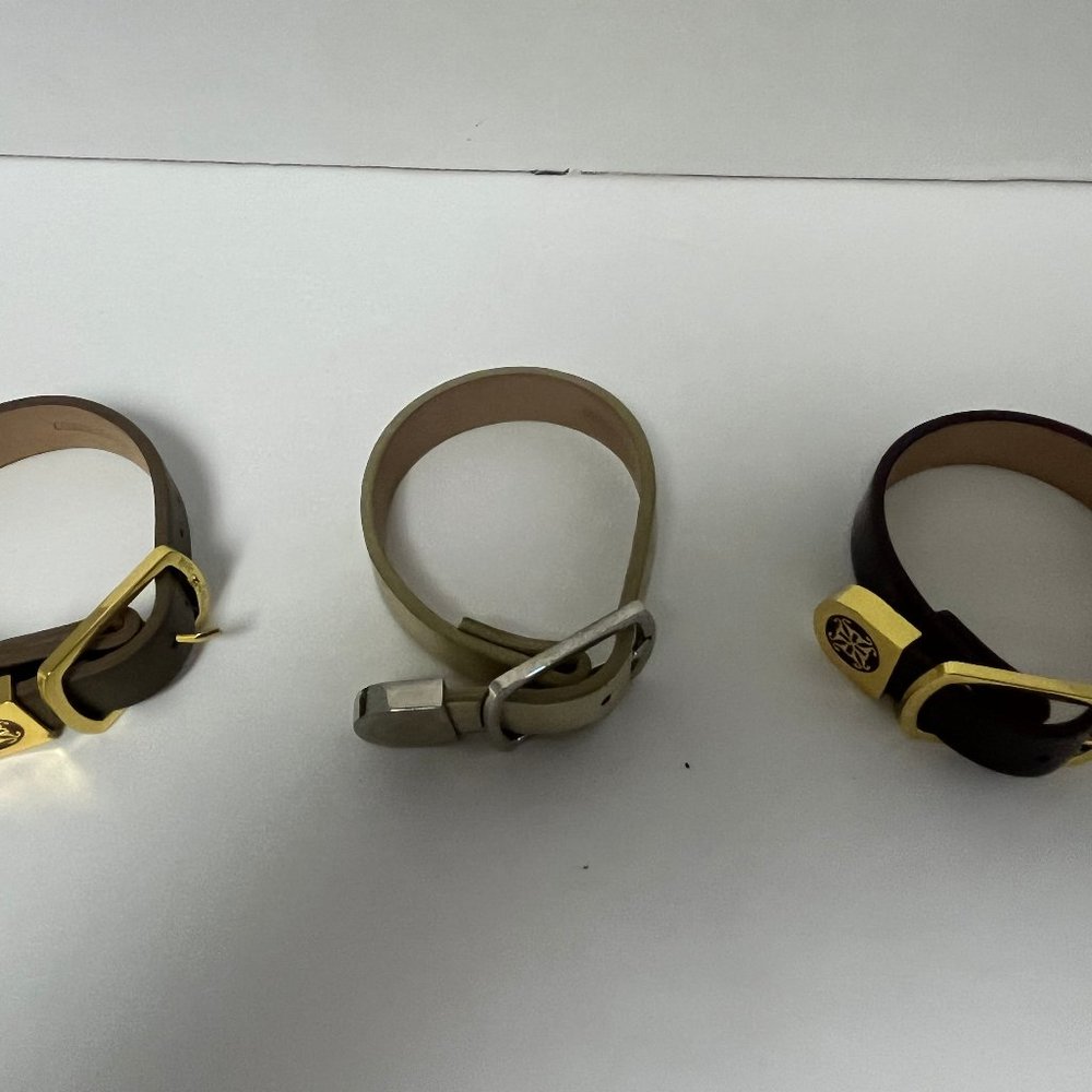 3 Rustic Cuff Bracelets - Two shiny leather Copper & Gold - Patent maroon